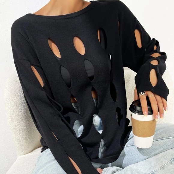 Black Preppy Womens Cut Out Drop Shoulder Sweater - Picture 4 of 5